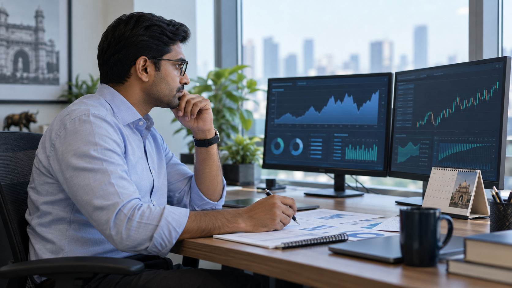 Treasury operations professional reviewing fictional liquidity and fixed-income reports