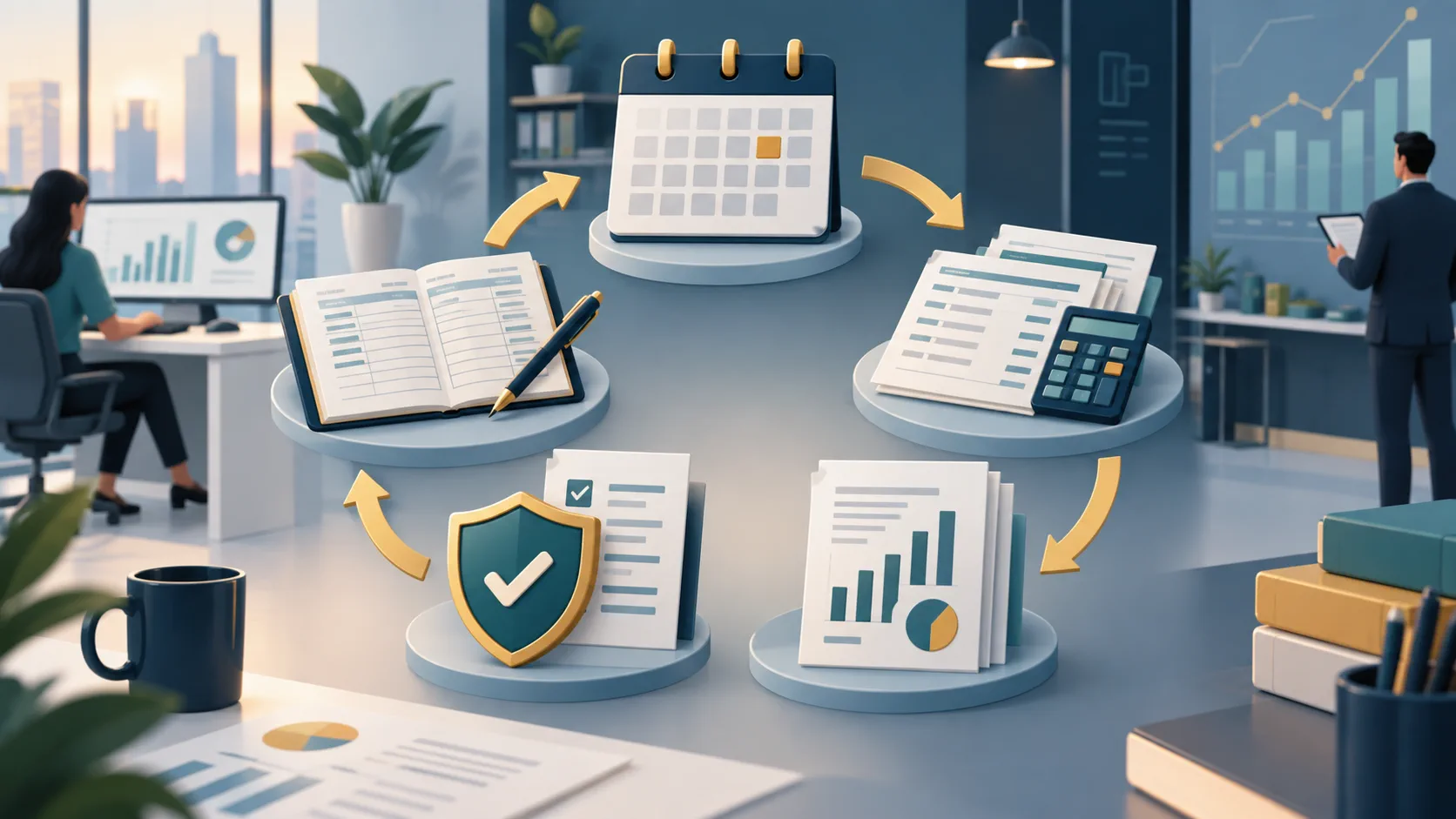 Editorial illustration of a month-end finance close workflow with calendar, reconciliation and review controls
