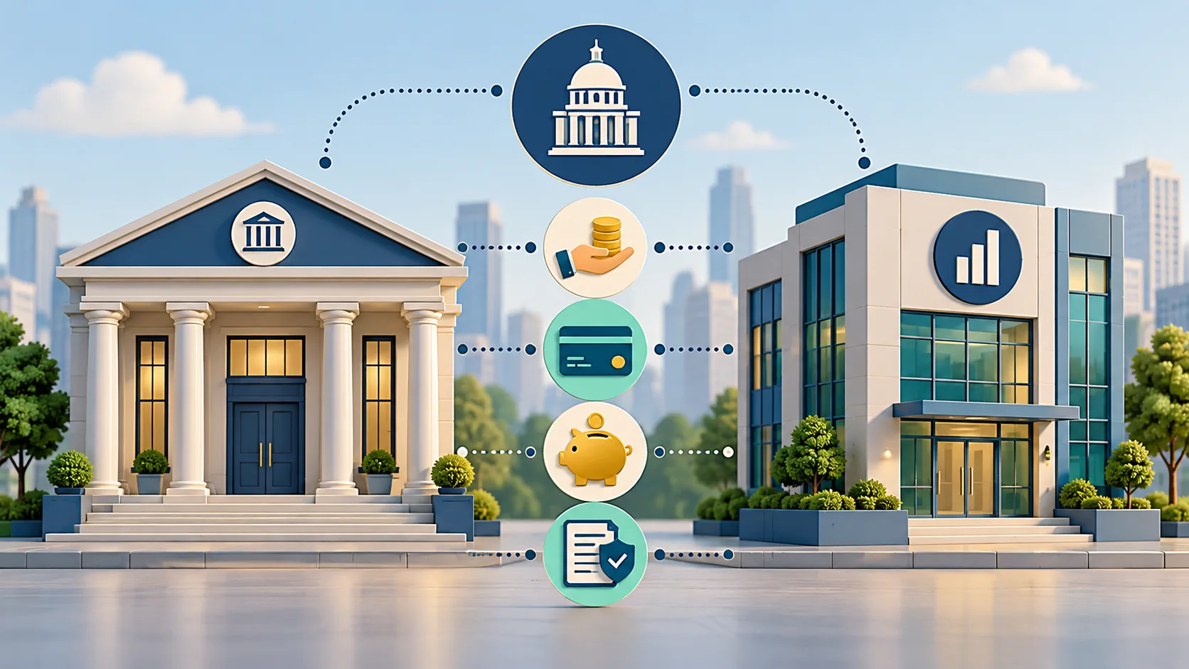 Editorial illustration comparing a bank and an NBFC through financial-service and regulatory control symbols