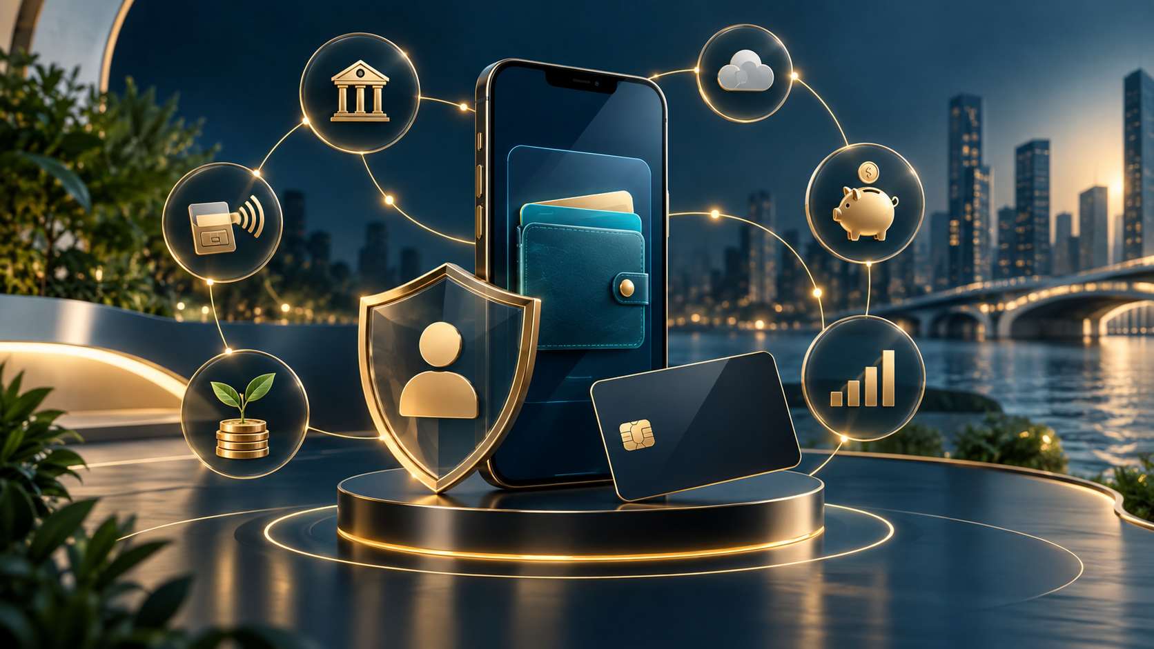 Editorial illustration of neo-banking products connected to identity, payment, and monitoring controls