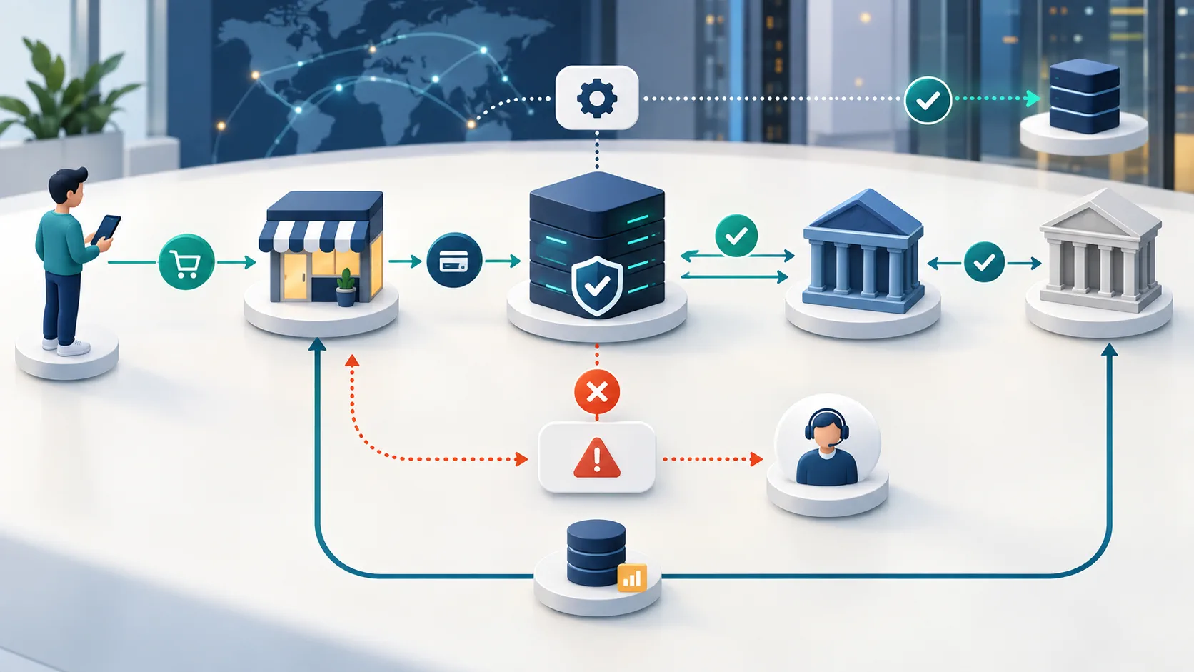 Editorial illustration of a provider-neutral payment gateway flow from authorization to settlement and exception handling