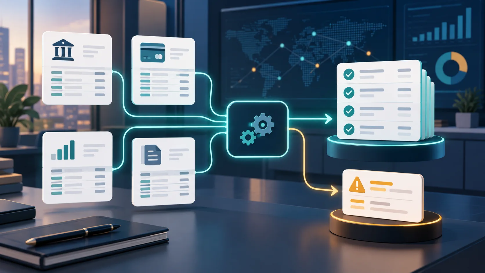 Editorial illustration of payment records converging into a reconciliation control with one exception routed for review