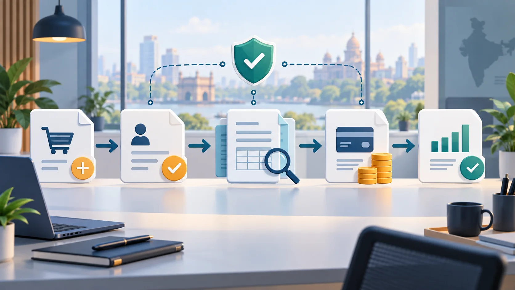 Editorial illustration of a procure-to-pay finance workflow from request through payment and reconciliation