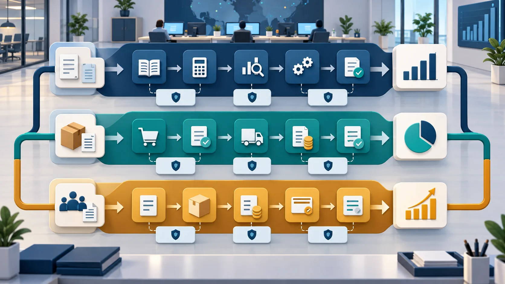 Editorial three-lane process map connecting record-to-report, procure-to-pay and order-to-cash
