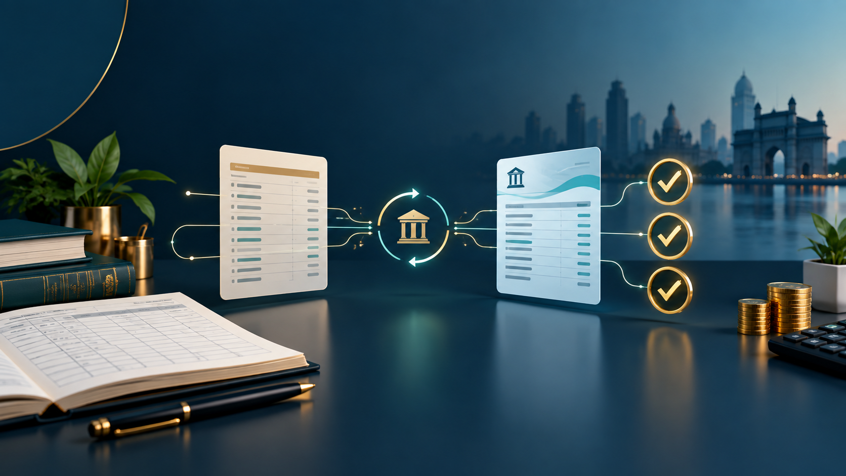Editorial illustration of a finance analyst reconciling a ledger with a bank statement