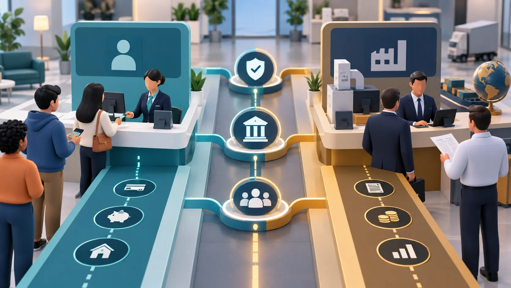 Editorial comparison illustration showing distinct retail and commercial banking service lanes with shared controls
