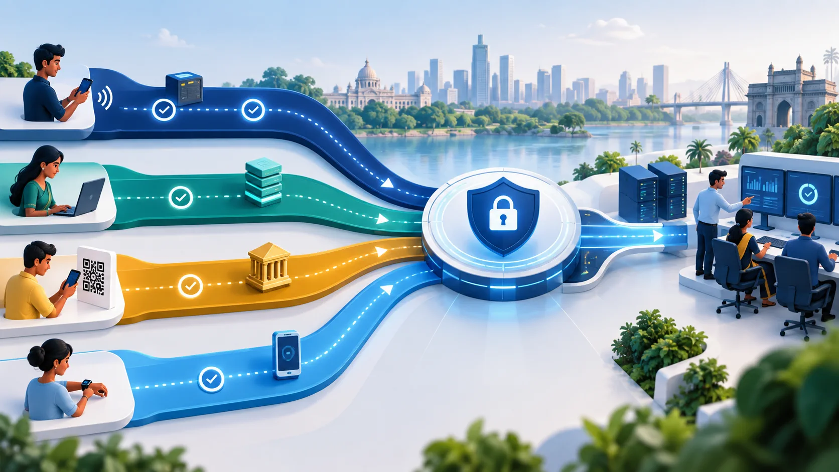 Editorial illustration comparing four Indian payment rails converging on a secure settlement network
