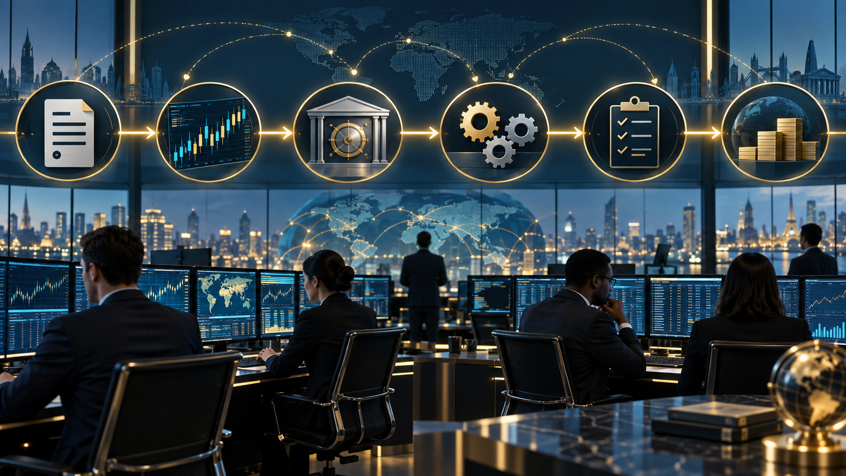 Editorial illustration of a securities operations workflow from trade capture through settlement