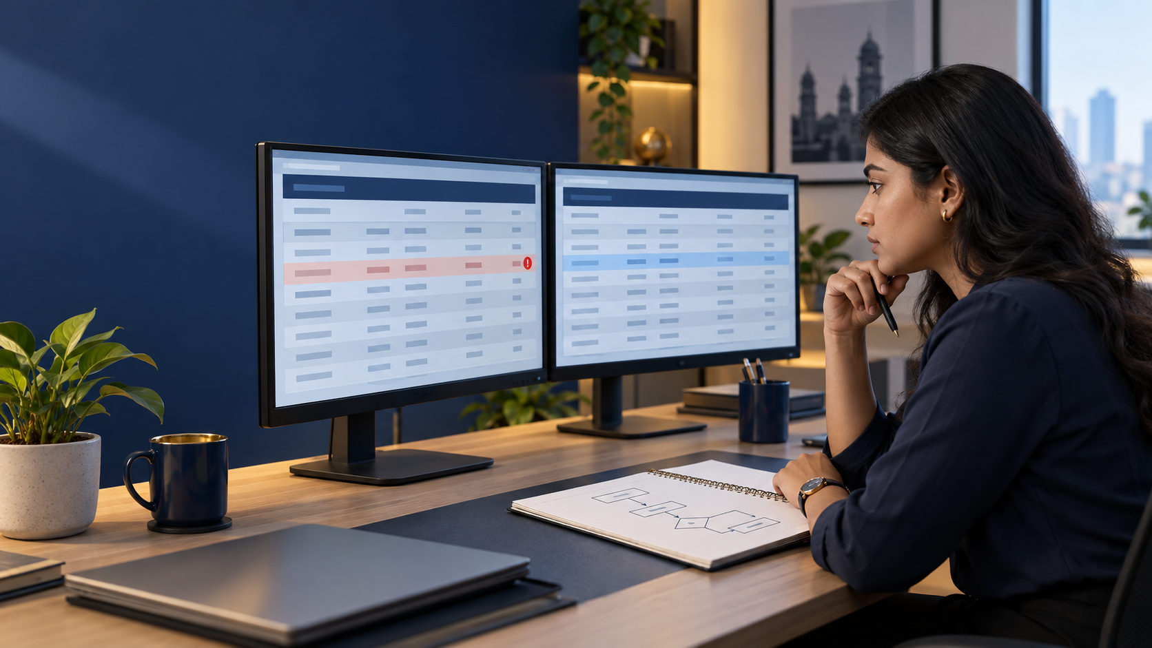 Finance operations analyst comparing two fictional transaction records with a mismatch highlighted on one screen