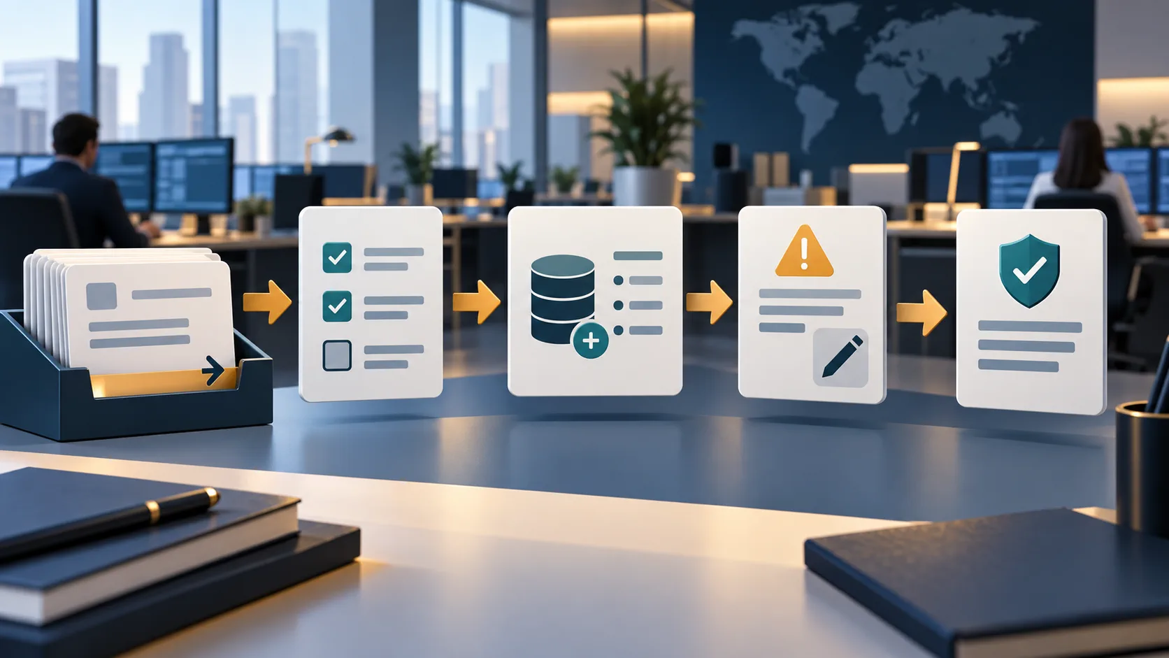 Editorial illustration of a trade instruction moving through capture, validation, correction and audit controls