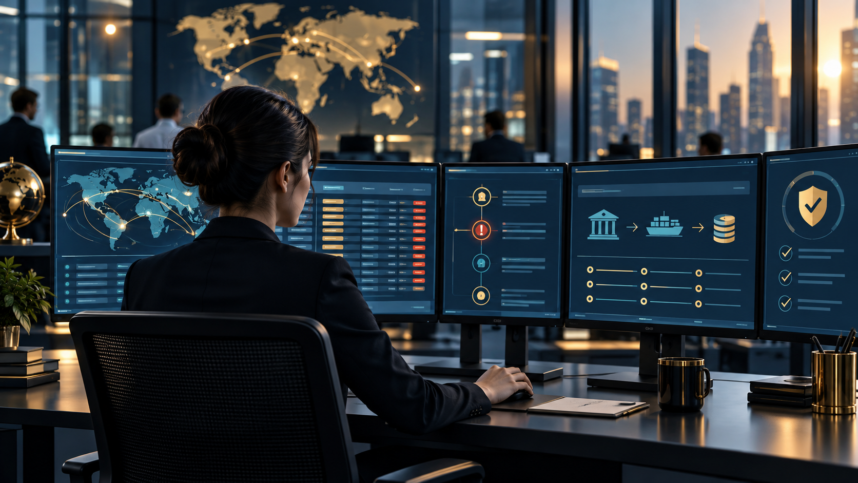 Editorial illustration of a trade support analyst reviewing confirmations and settlement exceptions