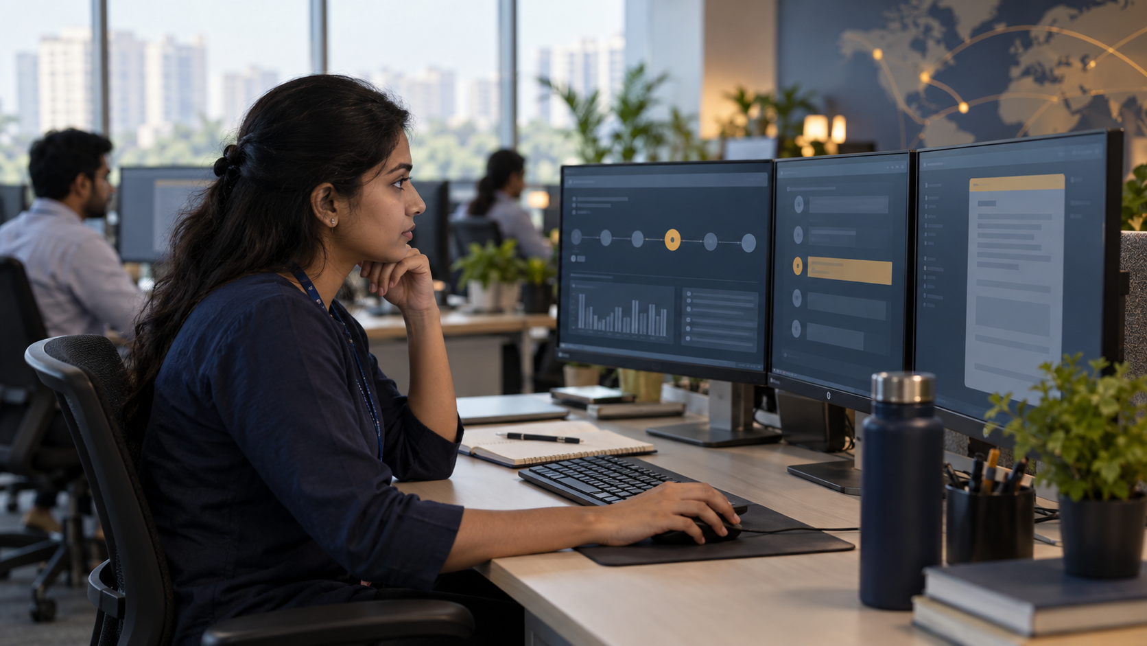 Indian compliance analyst reviewing an anonymized transaction timeline and fictional alert