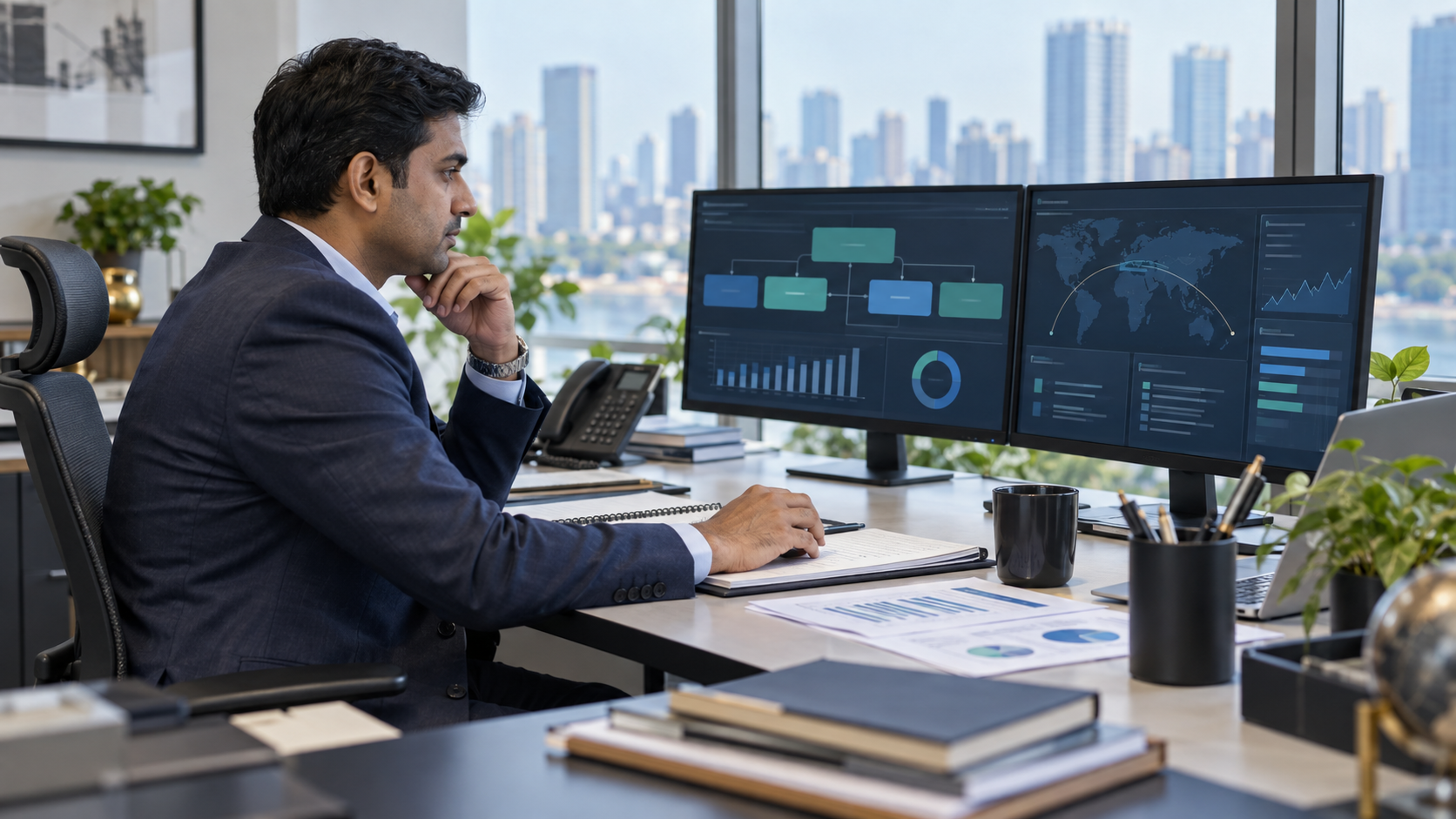 Treasury operations professional checking a fictional daily cash and liquidity workflow