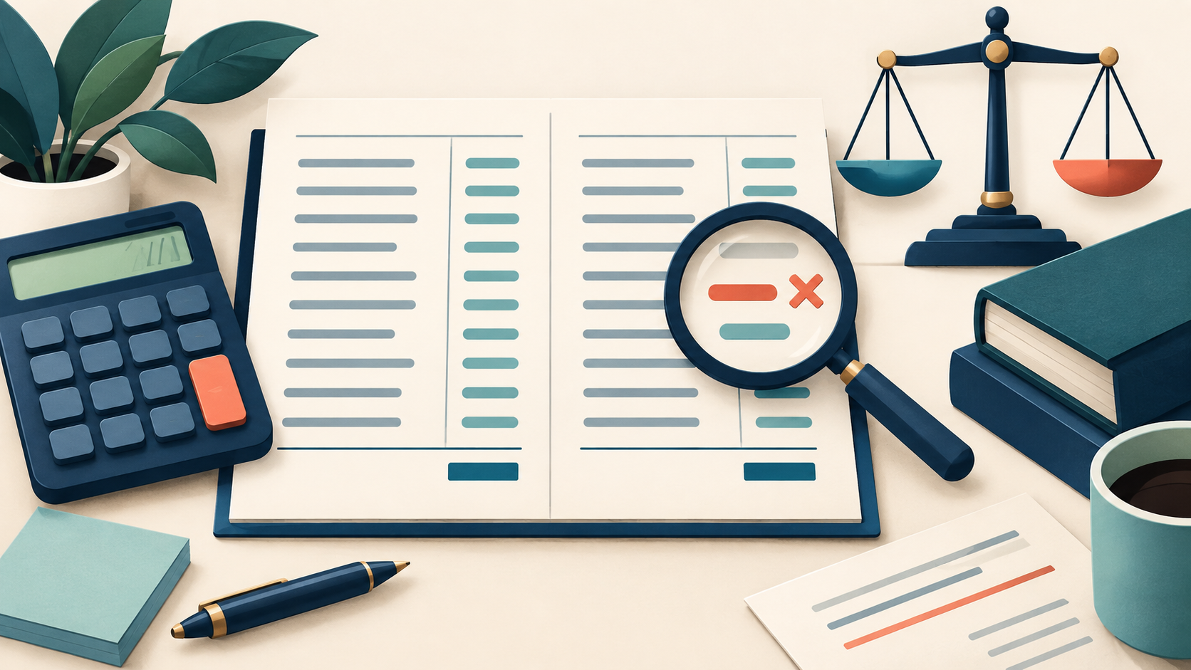 Illustration of debit and credit ledger columns being checked for an error during reconciliation.