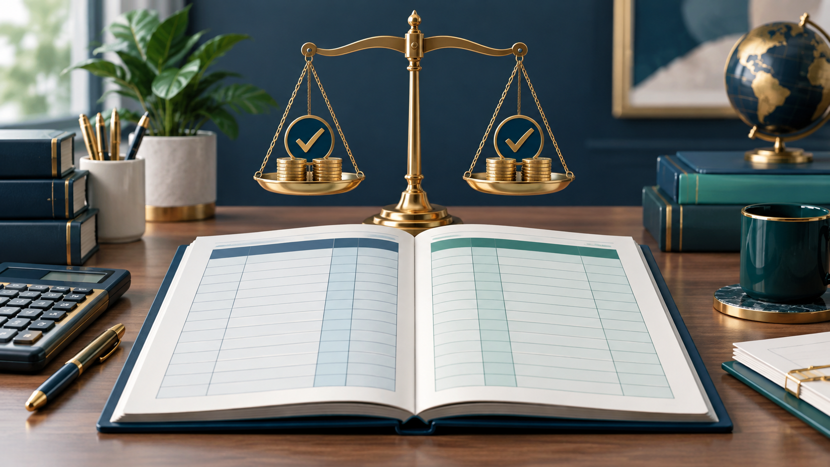 Editorial illustration of a trial balance with debit and credit columns checked for accuracy
