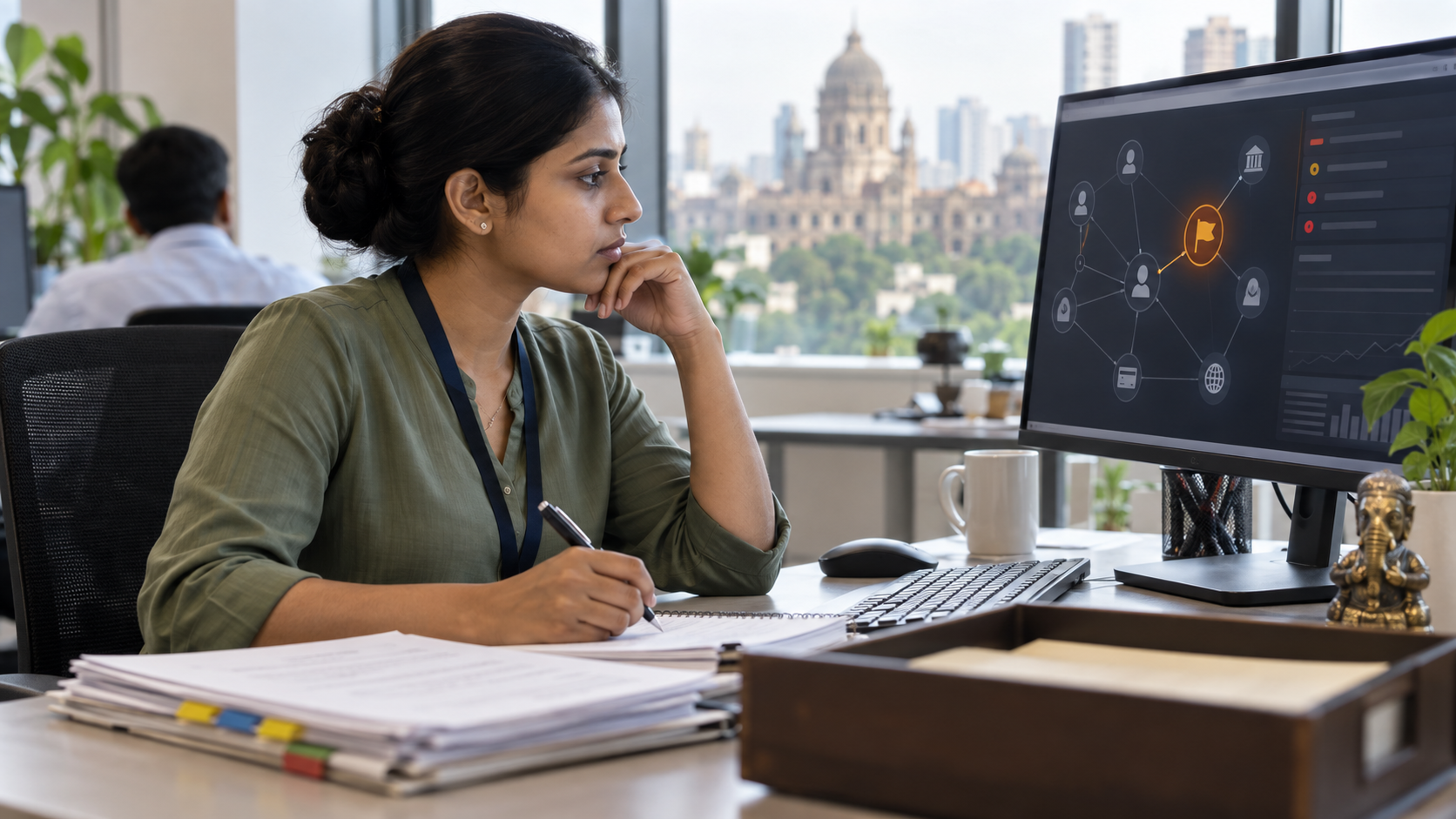 Compliance analyst reviewing a fictional transaction alert and evidence log