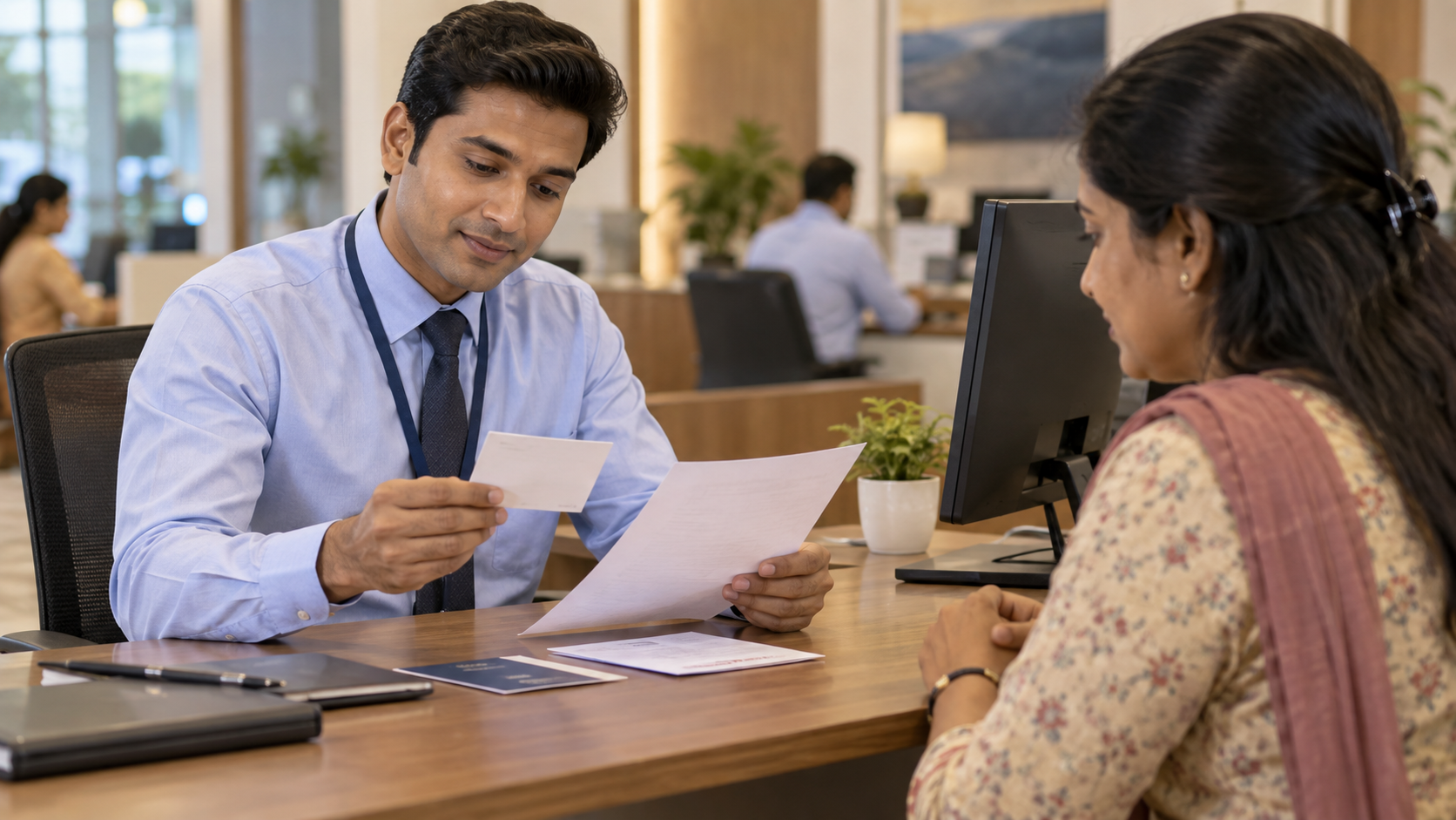 Bank onboarding professional reviewing fictional identity documents while protecting customer privacy