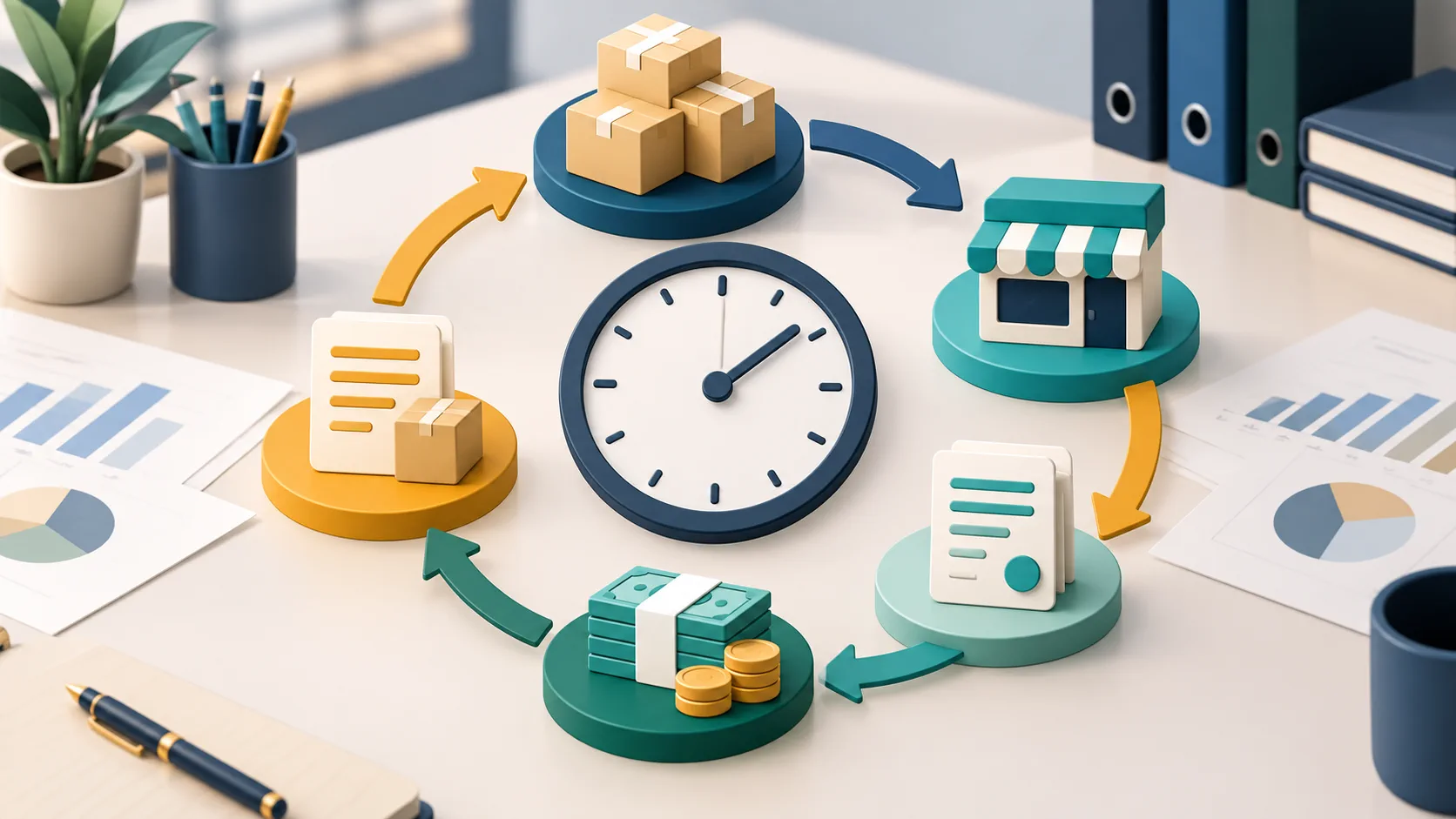 Editorial illustration of the working capital cycle connecting inventory, receivables, payables and cash